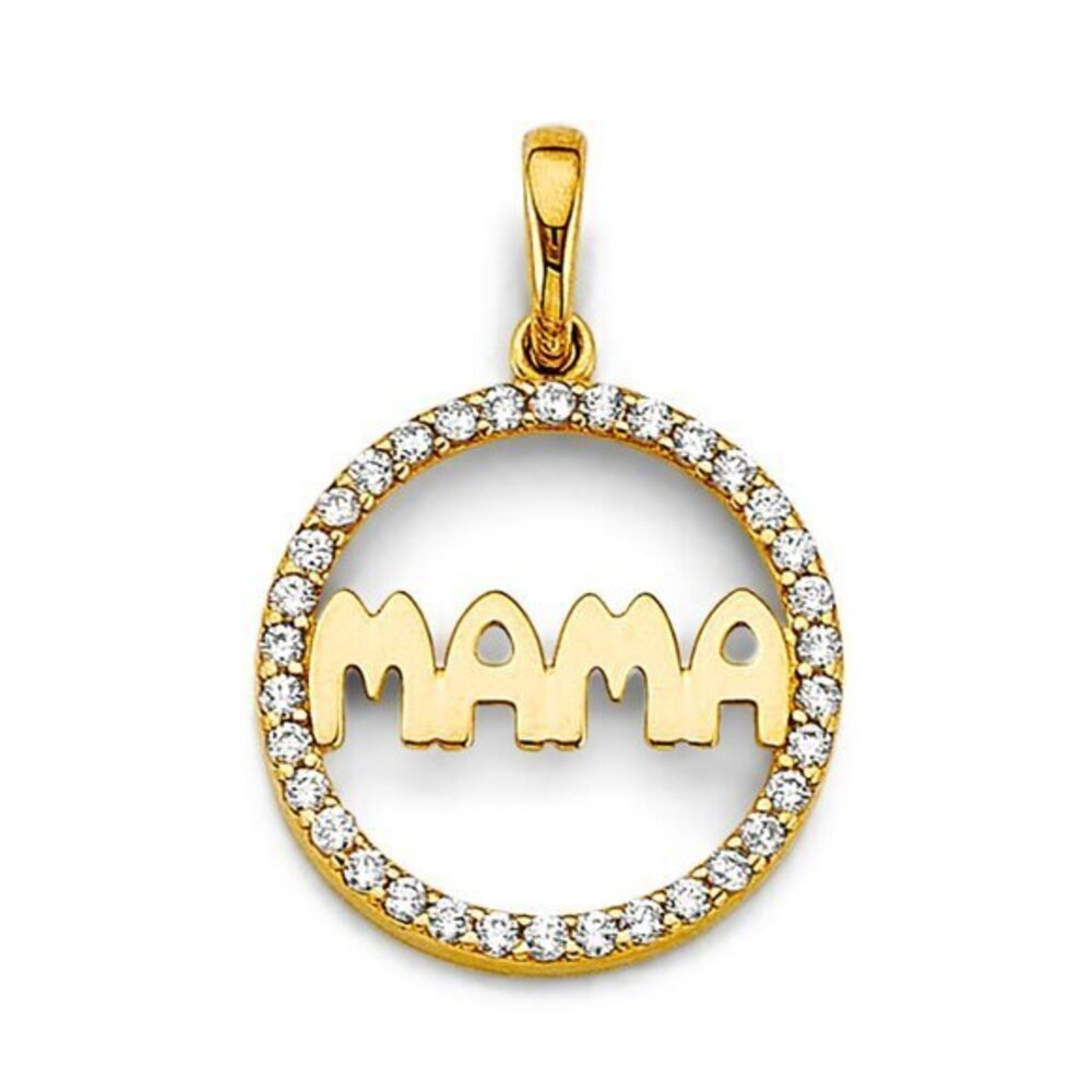 New Real 14K Yellow gold CZ Round Mama Pendant